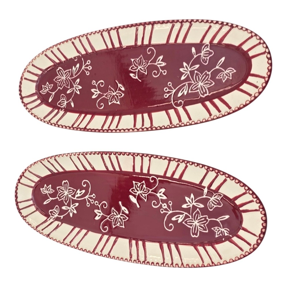 Temp-tations by Tara Floral Lace Cranberry Red Oval Serving Trays Set of 2 L2
